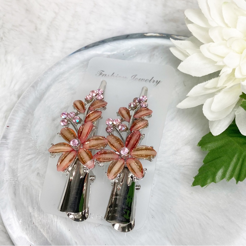 Crystal Floral Beaded Alligator Hair Clips Set Of Two Pink Silver Tone NEW - Picture 6 of 7
